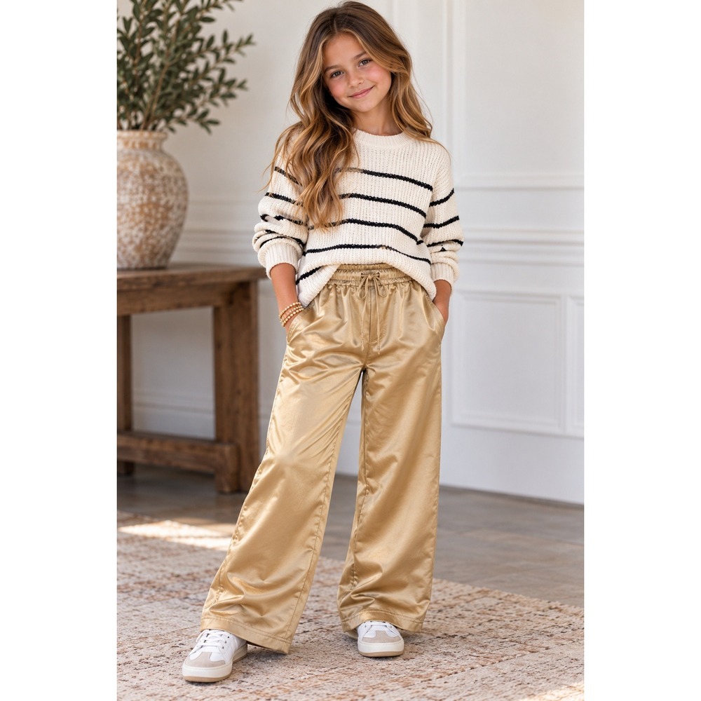 Art Class Kids Champagne Gold Satin Wide Leg Drawstring Pants Size M 8